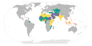 Countries that adhere to sharia law: green means that sharia is not in the judicial system, yellow refers to sharia in personal lives, blue means full sharia law in public and private life, and orange means that there are regional variations