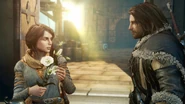 Talion giving flowers to his wife Ioreth for their anniversary