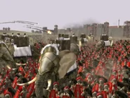 Carthaginian elephants charging Roman troops.