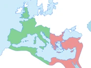 The divided Roman Empire in 395 AD; Western Empire is in green