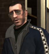 Bellic wearing a tracksuit and shades