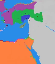 Situation in 1080: purple is , green is Sultanate of Rum, grey is Seljuk and Arab warlords, and orange is the .