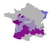 Huguenots in France: dark purple areas were controlled by Huguenot nobility, light purple areas were contested between Huguenot and Catholic nobles, and blue areas were largely Lutheran.