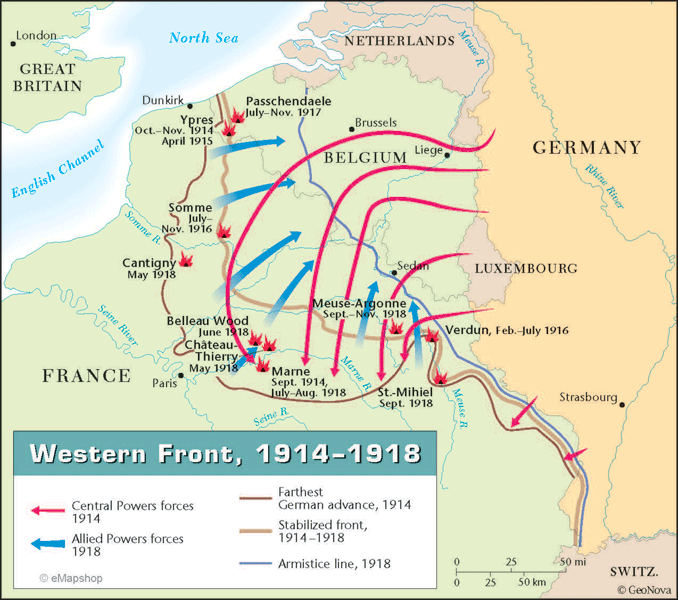 western front eastern front 1914 and map