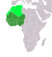 The region of West Africa is in dark green; the  is in lime