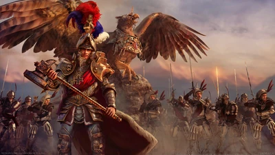 Emperor Karl Franz leading the men of the Empire into battle.