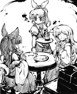 Ilustracion de Reimu junto a Watatsuki no Yorihime y Watatsuki no Toyohime en el ultimo capitulo de Cage in Lunatic Runagate