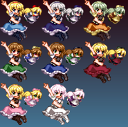 Las diferentes paletas de colores de Alice de Touhou Hisoutensoku. La mitad derecha corresponde a su paleta de segundo color Immaterial and Missing Power, mientras que la inferior izquierda corresponde a su paleta Scarlet Weather Rhapsody.