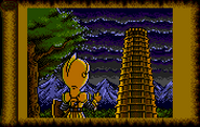 Gil facing the tower in the PC Engine version.