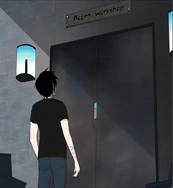 Hatsu standing in front of the store door