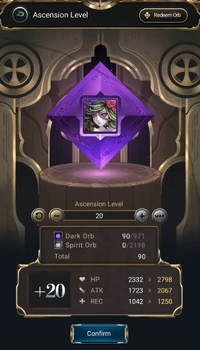 The Ascension UI previewing the number of orbs required, and the stats increases to be gained. This menu can be accessed from the Inventory menu by selecting a card that has been dual maxed, and tapping on Ascension Level.