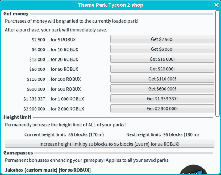 Shop Theme Park Tycoon 2 Wikia Fandom - how to donate money on roblox theme park tycoon 2