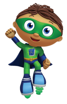 to the left) the protagonist of a kids show named super why (to