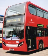 The front of "Spirit of London", now owned by Stagecoach London. The name is on the side by the doors. This bus has been renumbered from 18500 to 19000 to follow the rest of the Enviros and moved to West Ham bus garage.