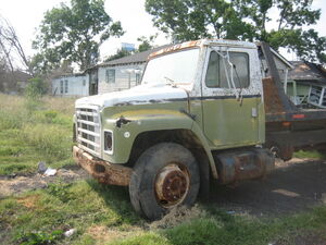 An International Harvester S-Series truck that suffered damage due to Hurricane Katrina.