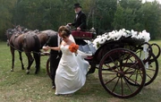  descending from a decorated wedding carriage.
