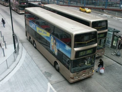 Several KMB Trident 3's at Wan Chai Ferry Pier, Hong Kong.