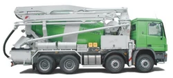 Mixer truck with attached pump and long&ndash;reach boom