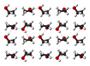Hydrogen bonding in solid ethanol at −186&nbsp;°C