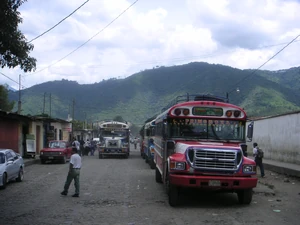 Chicken buses in Antigua, Guatemala