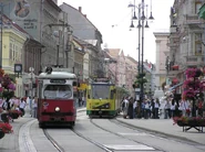 MiskolcV1V2.jpg (95 KB) Trams in Miskolc; on the right a Hungarian product, on the left a second-hand car from Austria