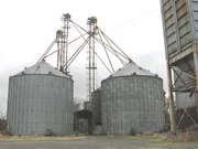 Corrugated steel grain bins and cable guyed grain elevator at a grain elevator in 