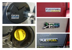 Typical labeling used in the US to identify  vehicles. Top left: a small sticker in the back of the fuel filler door. Bottom left: the bright yellow gas cap used in newer models. E85 Flexfuel badging used in newer models from  (top right),  (middle right) and  (bottom right).