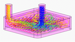 This 40&nbsp;mm by 40&nbsp;mm by 10&nbsp;mm impingement type liquid cooled cold plate (heat sink) animation, was created using high resolution CFD analysis, and shows temperature contoured flow trajectories, predicted using a CFD analysis package, courtesy of NCI.