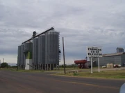 Historic Cooperative Elevator, a row of corrugated steel hopper bottom bins on the left and cribbed annex bins on the right, 