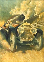 Setting the Pace painted in 1909 by William Hardner Foster depicts the race between an Oldsmobile Limited and the 20th Century Limited train