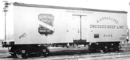 A Pullman-built "shorty" reefer bears the Armour Packing Co.   ·   Kansas City logo, circa 1885. The name of the "patentee" was displayed on the car's exterior, a practice intended to "...impress the shipper and intimidate the competition...," even though most patents covered trivial or already-established design concepts