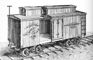 This engraving of Tiffany’s original "Summer and Winter Car" appeared in the Railroad Gazette just before Joel Tiffany received his refrigerator car patent in July, 1877. Tiffany's design mounted the ice tank in a clerestory atop the car's roof, and relied on a train's motion to circulate cool air throughout the cargo space