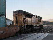 The rear of an SD70ACe revealing the dynamic brake grid and radiator section ("rad cab") from the rear hood or long hood.