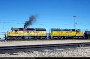 Two UP SD40X units working in hump yard service in North Platte, Nebraska on October 7th, 1986.