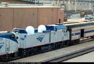 An Amtrak NPCU with distinct bulbs meant for housing wi-fi equipment for on-board passengers.