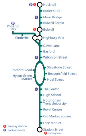 A map of the Nottingham tramway.