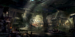640x320 7251 Underground base 2d characters post apocalyptic boat city underground picture image digital art