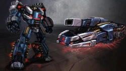 Concept art of Scattorshot and his vehicle mode: the tank