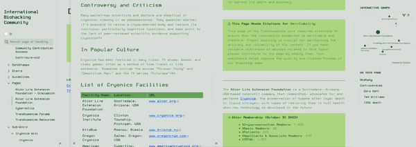 This image is the International Biohacking Community website, a wiki-structured website showing unique features of the site. The present unique features are: multiple browsing windows, "graph view"(showing how each webpage is connected), wikilinks, and more.