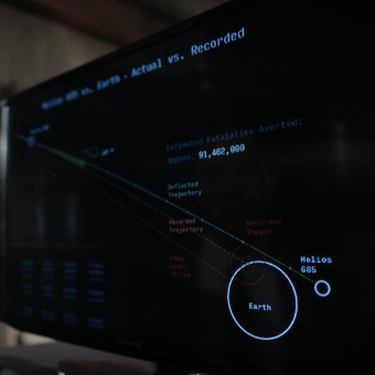 Computer screen depicting the historical and corrected trajectories of Helios-685, as well as the casualty count in the historical record