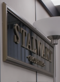 Stalwart Securities logo outside Corrigan's office