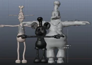 An untextured model of Pete, alongside Willie and Dippy.