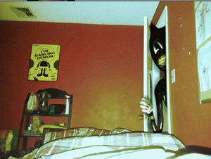 Cartoon Cat entering a (presumed) child's bedroom.