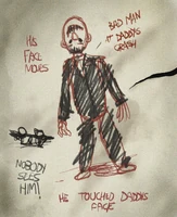 A kid's painting about The Man With The Upside-down Face. He saw the scene of his father's accident.