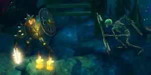 A Shield Skeleton attacking the Knight.