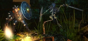 An Armored Shield Skeleton attacking Pontius.