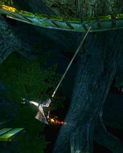 Zoya's Grapple Hook attached to a wooden rope bridge