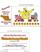 A Chica's Party World membership card, featuring Chica.