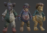 The models of the three mascot suits.