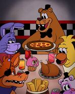 Promotional art of the Freddy & Friends cast, plus Helpy, having their own Thanksgiving dinner.